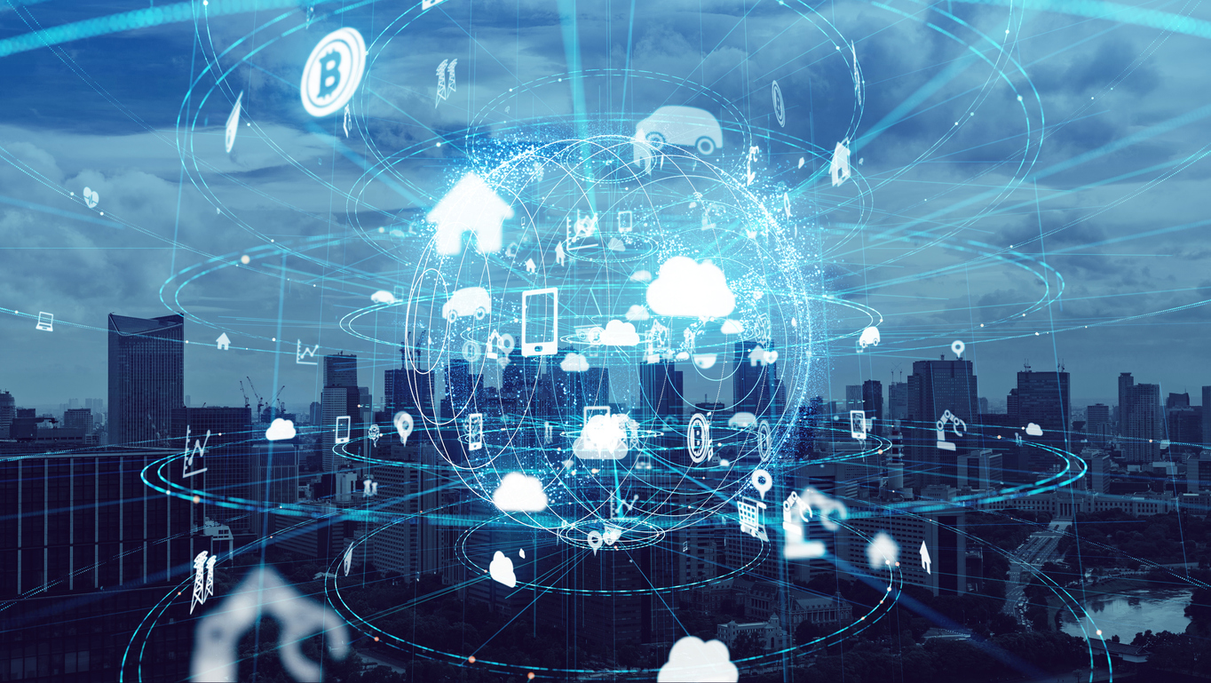 A partially transparent graphic of the world with various symbols surrounding it including cars and clouds, with a large city as the background image.