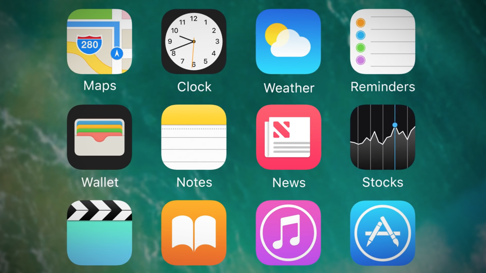 A close-up of 12 stock iPhone apps including maps, clock, notes and news. These apps were created by an IOS software development company.